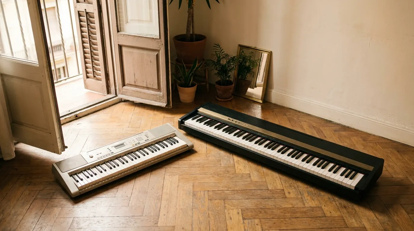 Un teclado de 61 teclas junto a un piano digital de 88 teclas sobre un suelo de parquet