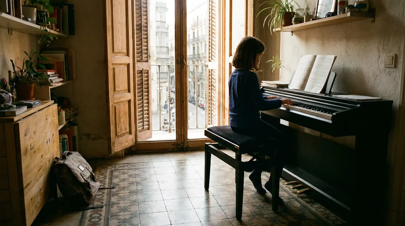 Una niña con camiseta de manga larga practica en un piano digital con mueble y tres pedales, sentada en una banqueta regulable junto al balcón