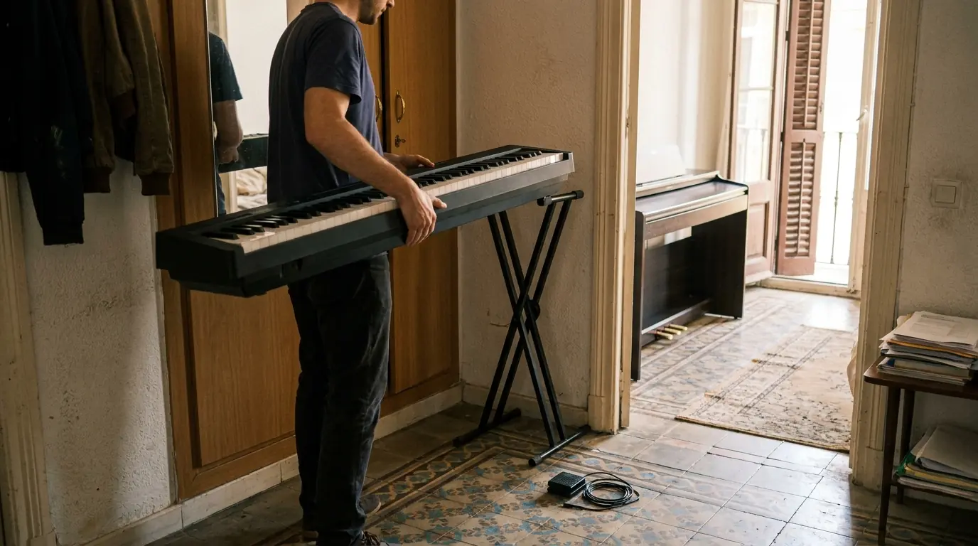 Una persona con camiseta azul marino lleva en brazos un piano digital portátil por el pasillo de un piso, con el soporte en X y el pedal en el suelo; al fondo, un piano digital con mueble
