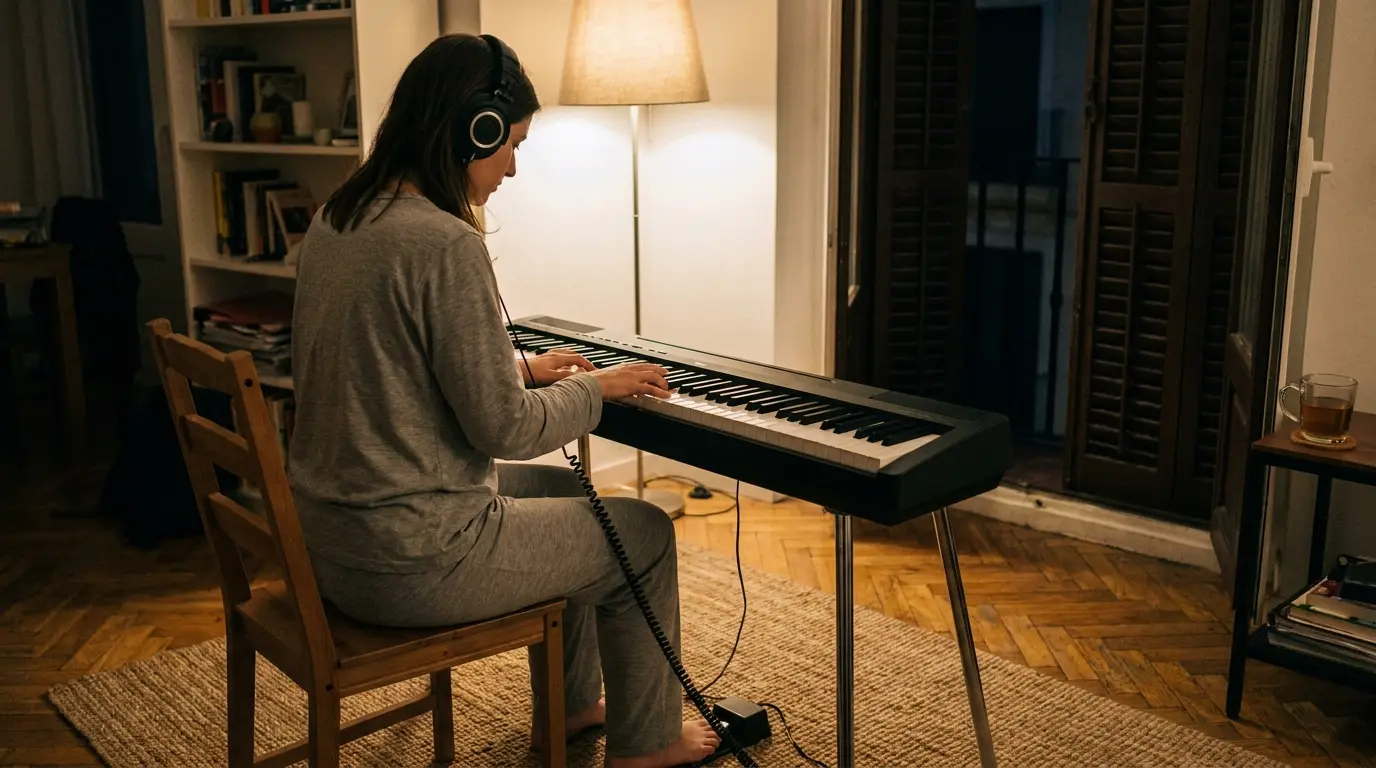 Una mujer en pijama gris toca de noche con auriculares un piano digital portátil sobre una alfombra, en el salón de un piso con la persiana bajada