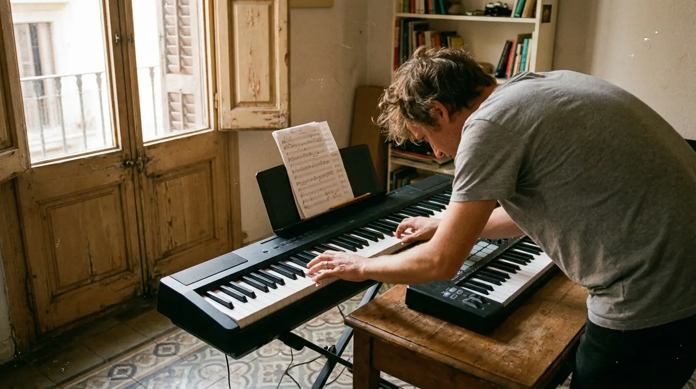 Un hombre con camiseta gris toca un piano digital portátil de 88 teclas con la mano izquierda y apoya la derecha en un teclado controlador pequeño de 49 teclas