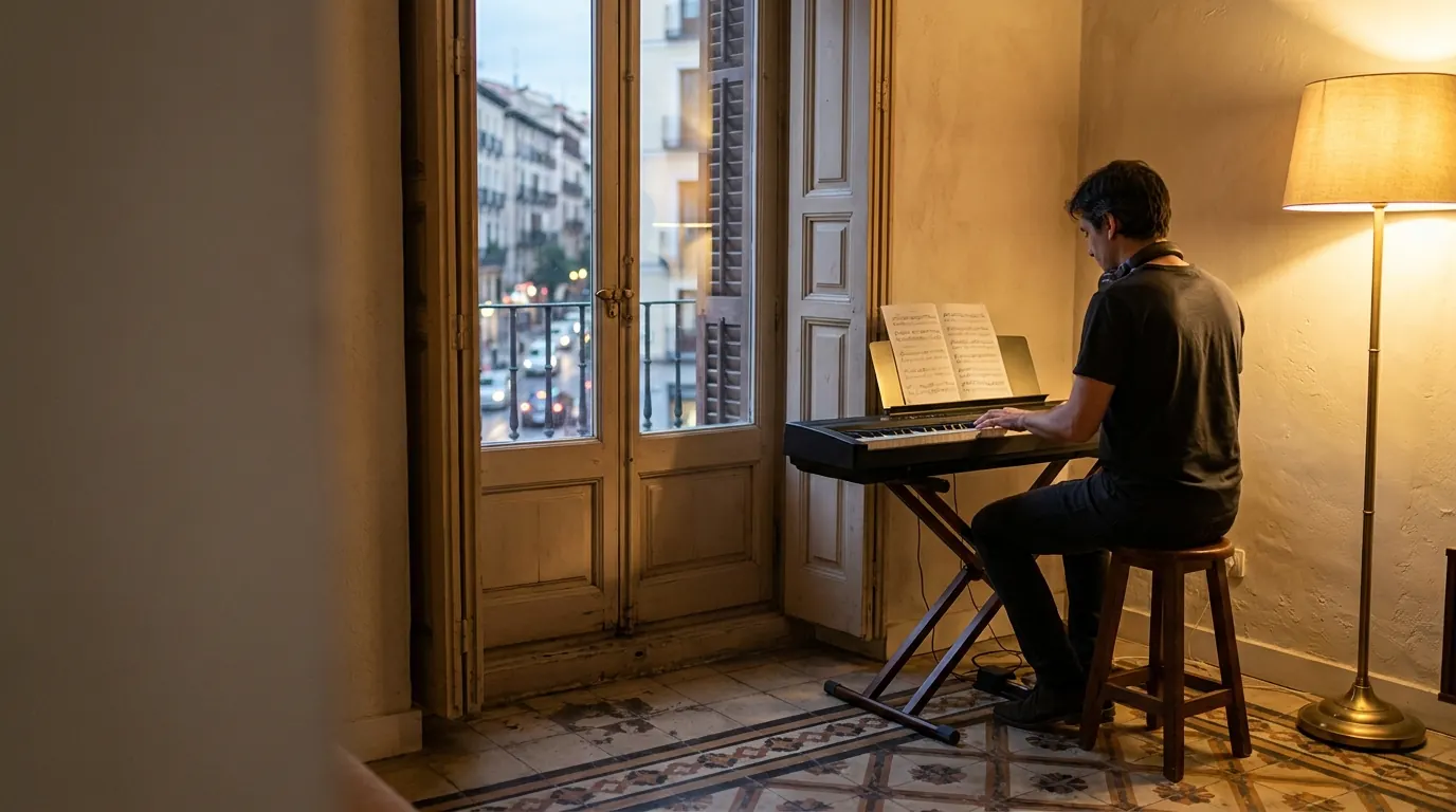 Una persona con camiseta toca un piano digital portátil sin marca junto al balcón de un piso, al atardecer
