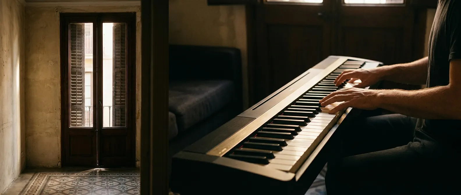 Manos tocando acordes en un piano digital negro, con luz cálida